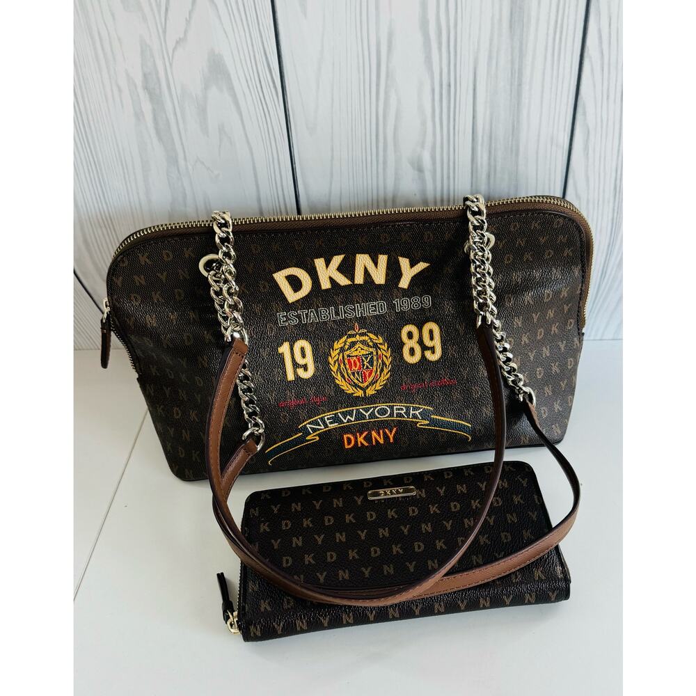 DKNY Brown Monogram Chain-Accent Crossbody Bag with Matching Wallet